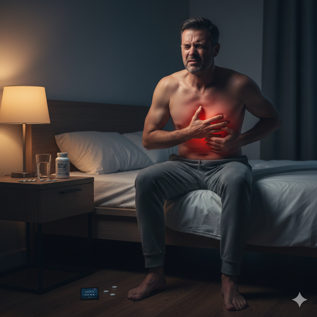 Homem adulto expressando desconforto e mão no peito devido à queimação por azia crônica, representando os sintomas da doença do refluxo gastroesofágico.