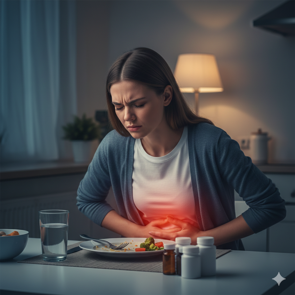 Representação visual de uma pessoa sentindo desconforto e queimação retroesternal (azia), ilustrando os sintomas da Doença do Refluxo Gastroesofágico (DRGE) e a importância do diagnóstico médico especializado para evitar complicações.