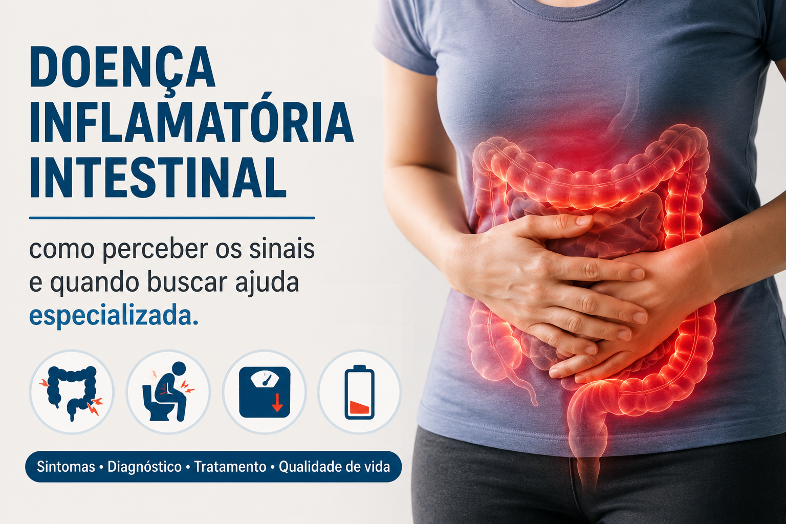 Ilustração médica de doença inflamatória intestinal mostrando dor abdominal, intestino inflamado e sintomas como diarreia, perda de peso e fadiga.